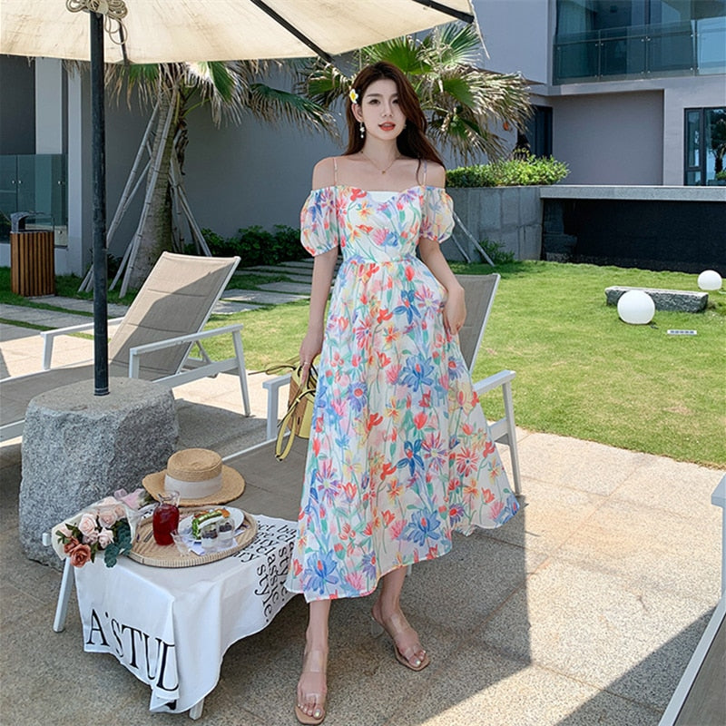 2022 Summer French Vintage Floral Dress One-shoulder Puff Sleeve Sexy Backless Slip Dresses Elegant Temperament Female Dress