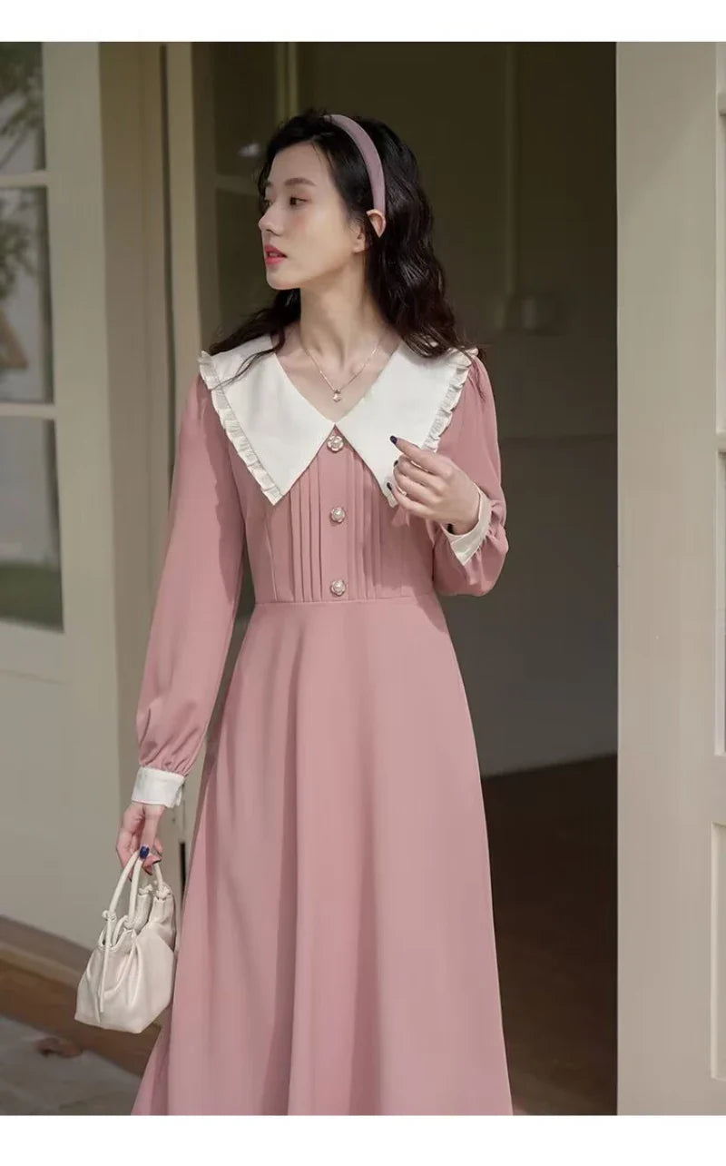 qgtao French Vintage Elegant Peter Pan Collar Pink Long Dress Women Spring Autumn Fashion Sweet design Ladies Loose Casual Midi Dress