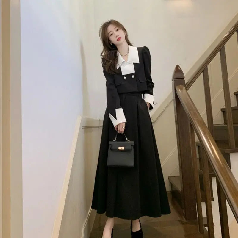 qgtao 2024 Autumn Elegant 2 Piece Dress Set Women Slim Vintage Party Office Lady Korean Suit Long Sleeve Crop Tops + Casual Midi Skirt