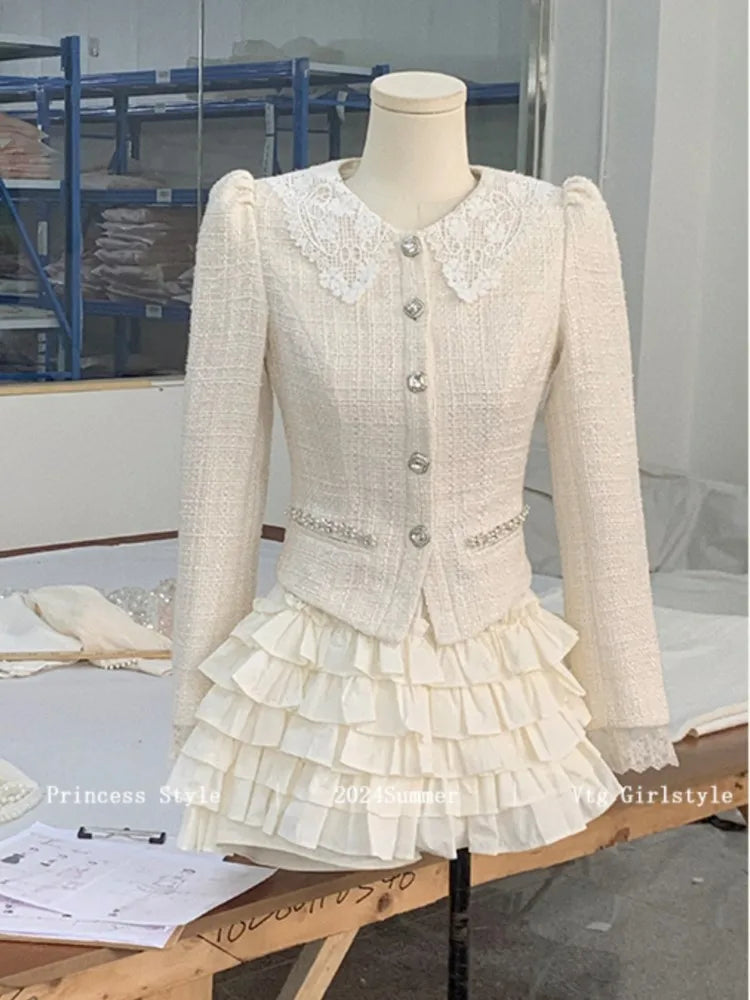 qgtao French Vintage 2-piece Set Tweed Lace Patchwork Single Breasted Coat Ruffles Cake Mini Skirt Korean Fashion Autumn Outfits New