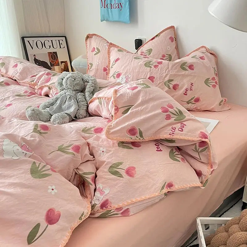 Yeknu Bedding Set Flora INS Girls 4 New Tulip Rabbit Double-layer  Bed Set Of Four Pieces Washing Cotton Bed Sheets Duvet Cover Set