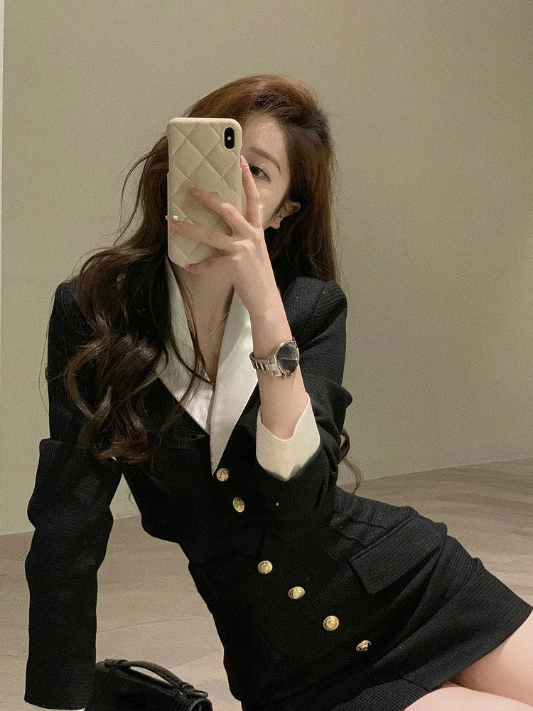 qgtao Black Y2k Mini Skirt Set Women Casual Korean 2 Piece Dress Set Crop Tops Jacket Tops + Short Skirts Elegant Suit 2024 Autumn New