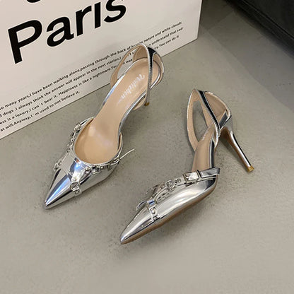 qgtao Y2K Silver High Heels Sandals Women Summer 2024 Punk Goth Pointed Toe Party Shoes Woman Metallic Thin Heeled Dress Pumps Ladies