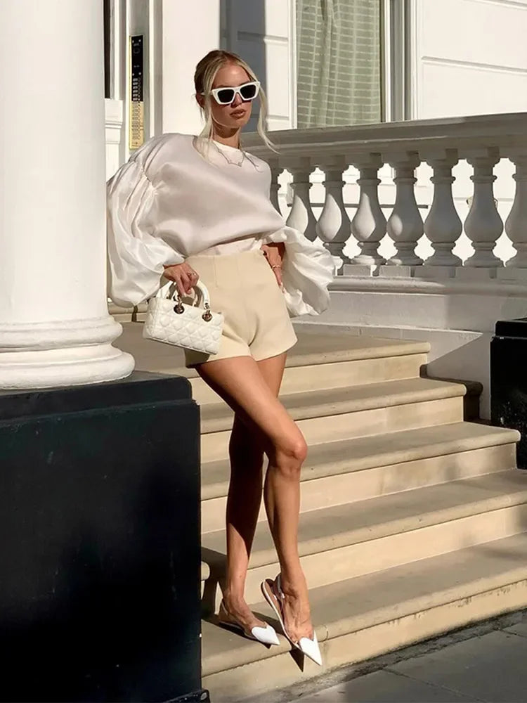 qgtao  -  Women's Elegant Chiffon Lantern Sleeve Blouse For Women Fashion  Solid Color O Neck Loose Large Fit Tops Commuter Streetwear