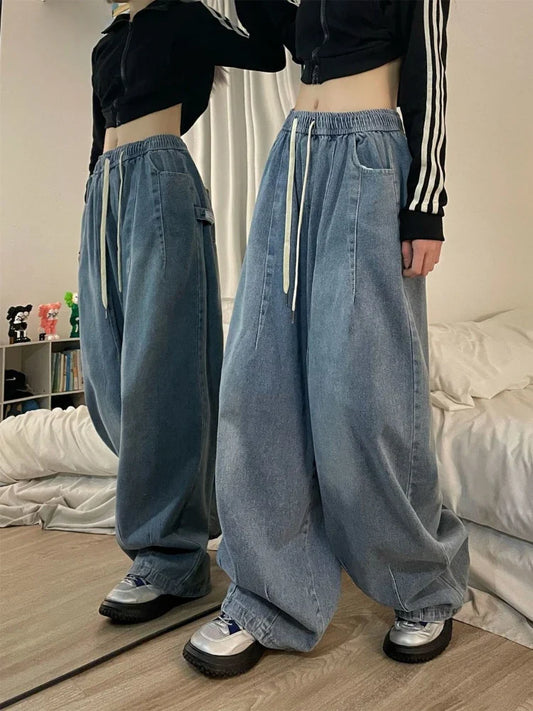 qgtao  Women Vintage Baggy Jeans Y2K Elastic High Waist Oversize Street wear Trouser Denim Wide Leg Straight Basic Pants Spring