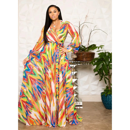 qgtao  Beach Chiffon Long Dresses Women's Clothing Plus Size Dresses 2024 Autumn Urban Casual Fashion Print Large Swing Dress