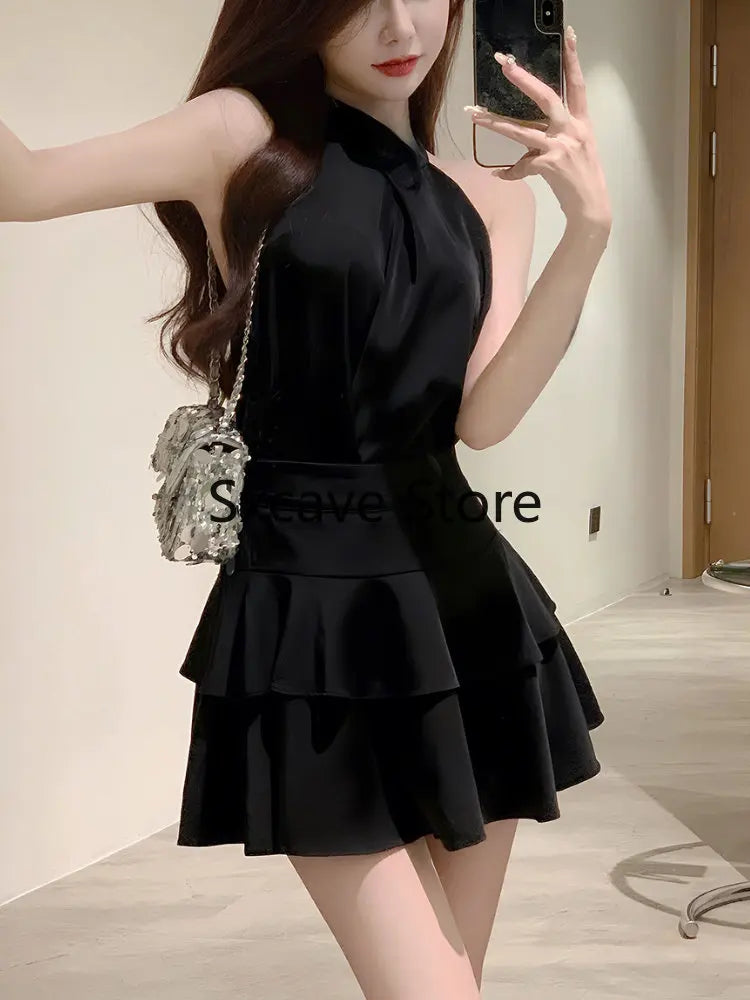 qgtao Elegant Satin 2 Piece Dress Set Women 2023 Summer Sleeveless Y2k Crop Tops + Mini Skirt Female Even Party Black Dress Korean