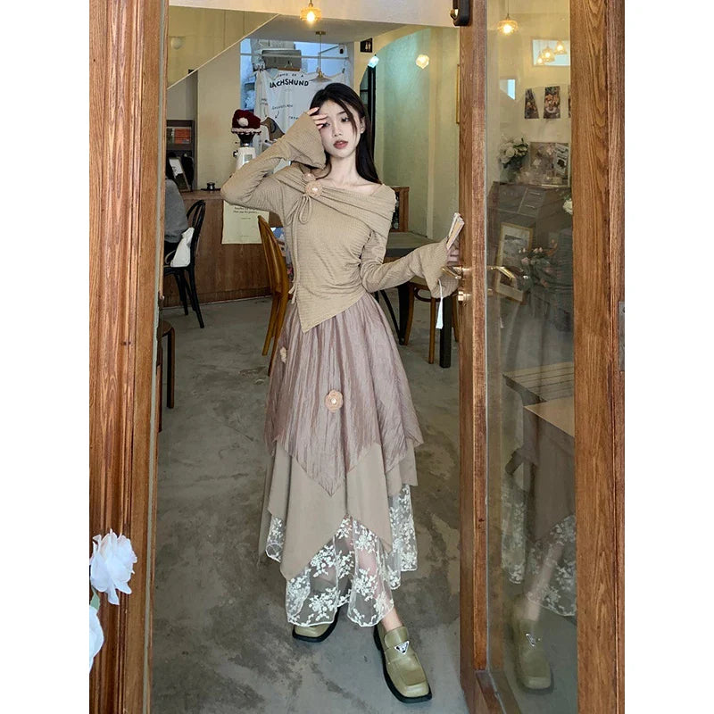 qgtao Elegant Women Two Pieces Set Y2K New Design Irregular Tops Vintage Office Ladies Midi Skirt High Quality Female Outfit 2024 Suit