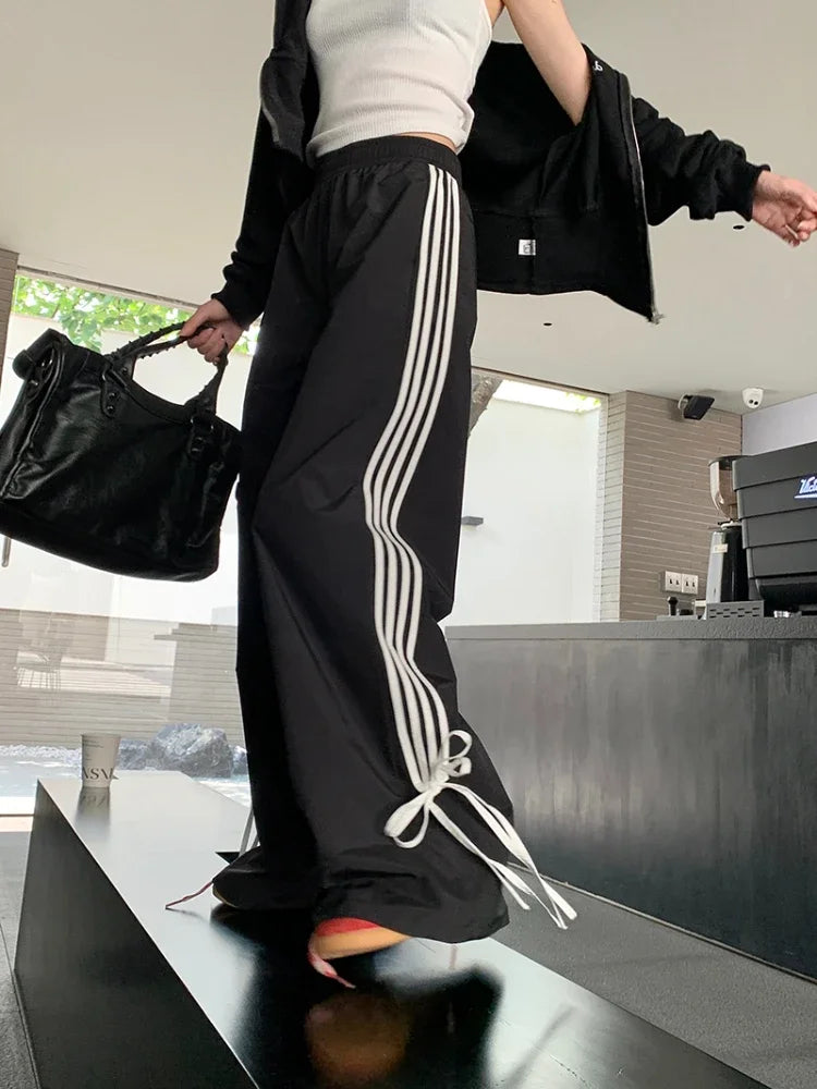 qgtao  -  Sports Stripe Baggy Pants Women Y2k Fashion Cutecore Bow Straight Wide Leg Sweatpants Streetwear Korean Causal Joggers