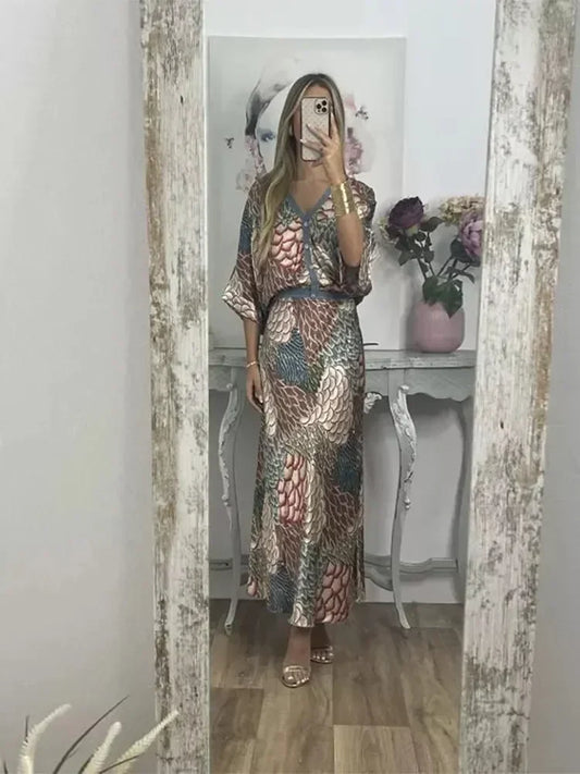 qgtao Summer Chic Printed Long Skirt Sets Women Fashion V Neck Half Sleeve Single Breasted Shirt Suits 2024  Female Commuting  Outfits