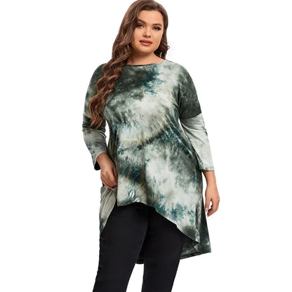 qgtao Plus Size Long Sleeve Elegant Tie Dye Tunic Tops Long Loose Spring Autumn Hi Low Swing Blouse Plus Size Clothing Women 6XL 7XL