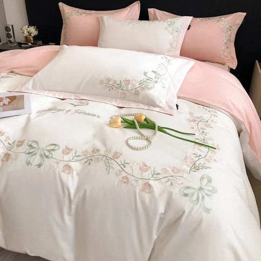 Yeknu New High-End Simple and Light Luxury Skin-Friendly Cotton Four-Piece Set Simple Embroidery Bedding Lily