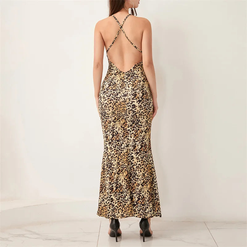 qgtao Sexy Halter V Neck Leopard Print Lace Patchwork Maxi Dress Fashion Women Sleeveless Backless Long Dresses Y2k Chic Female Robe