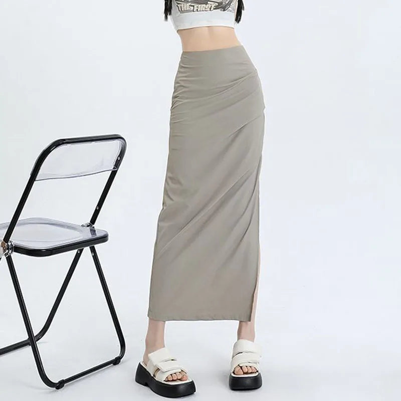 qgtao Y2K Cargo Skirts for Women Korean Style High Waist Slim Fit Long Skirt Woman Sexy Bodycon Side Split Midi Skirts Female