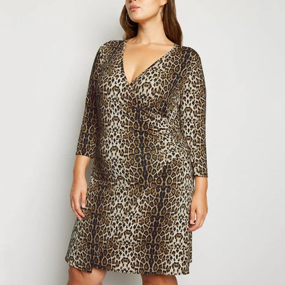 qgtao Plus Size 3/4 Sleeve Spring Autumn Sexy Wrap Dress Women V-neck Leopard Print Sheath Dress Large Size Work Office Dress 5XL 6XL