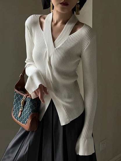 qgtao Women's Blouse Chic Hollow out Sexy knitted Pullovers for Autumn Female Korean Clothing Solid Full Sleeve Bottoming Shirt