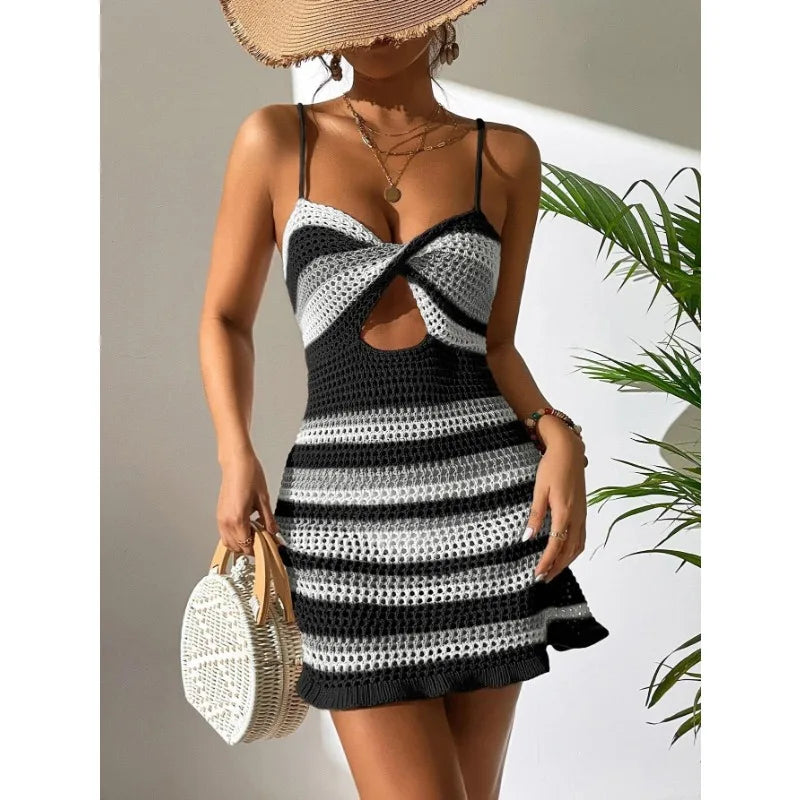 qgtao Sxey Knitted Mini Dress Summer Beach Cover Women Backless Hollow Out See Through Crochet Dresses Woman Bikini Cover-ups Female