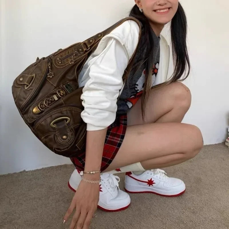 qgtao Y2k Vintage Womens Shoulder Bag Large Capacity Casual Pu Leather Tote Bag American Retro Luxury Designer Ladies Armpit Bag