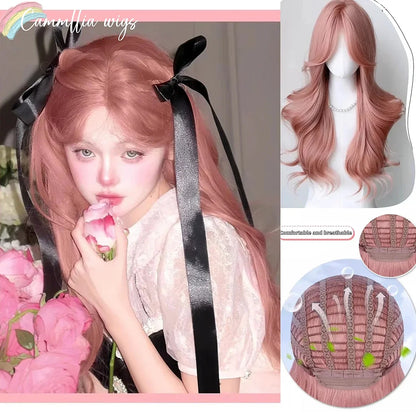 qgtao  -  Pink Wig for Women Long Wavy Pink Lolita Cosplay Wig Sweet Nature Wave Headband Synthetic Wig