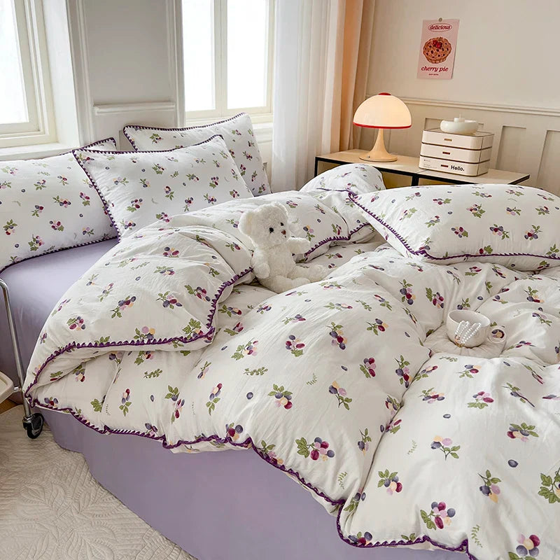 Yeknu Cute Purple Grapes Fruit Duvet Cover Girls INS Bedding Set for Kids Queen Full Size Flat Bed Sheet Quilt Cover Pillowcase Kawaii