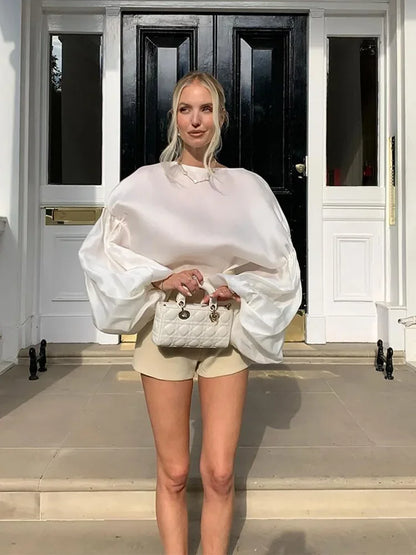 qgtao  -  Women's Elegant Chiffon Lantern Sleeve Blouse For Women Fashion  Solid Color O Neck Loose Large Fit Tops Commuter Streetwear