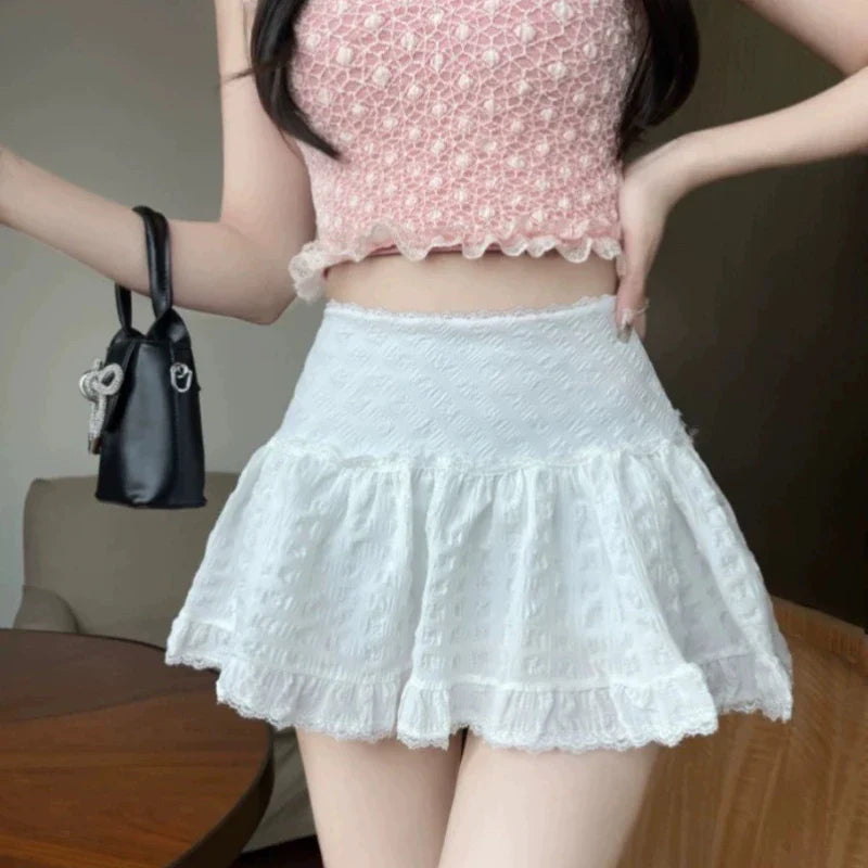 qgtao Ruffle Lace Mini Skirt White Fairycore Sweet Korean Style Layered Tulle Short Skirts Cute Casual Texture A-line Skirt