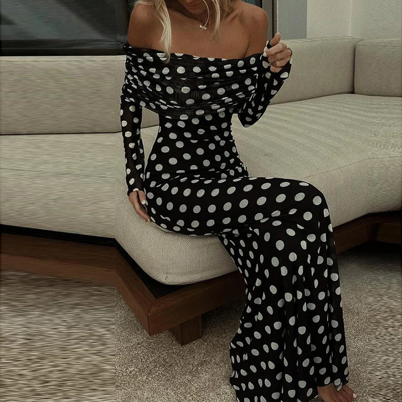 qgtao 2024 Spring Polka Dot Print Slim Bodycon Long Dress Women Sexy Slash Neck Draped Party Dress Summer Off Shoulder Boho Maxi Dress