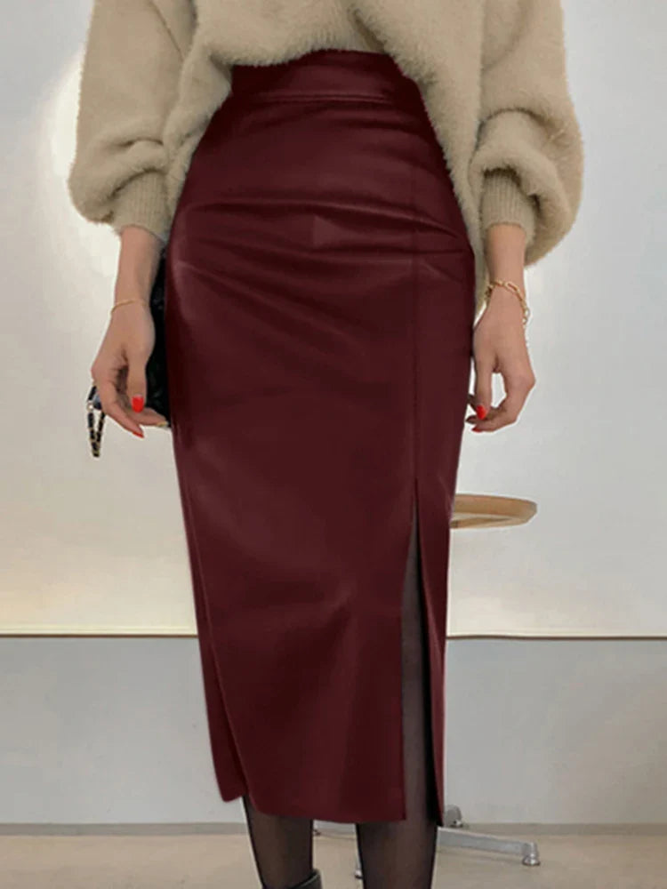 qgtao Fashion Side Slit Skirts PU Leather Women Elegant High Waist Bodycon Sheath Midi Jupes 2023 Autumn Sexy Slim Faldas Mujer