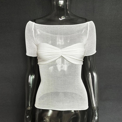 Mozision See Through Mesh Crop Top Women Pullovers Strapless Short Knit Cropped Tops Ladies Tee Shirt Sexy Off-shoulder T-shirt