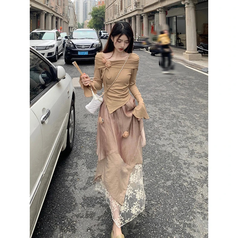 qgtao Elegant Women Two Pieces Set Y2K New Design Irregular Tops Vintage Office Ladies Midi Skirt High Quality Female Outfit 2024 Suit