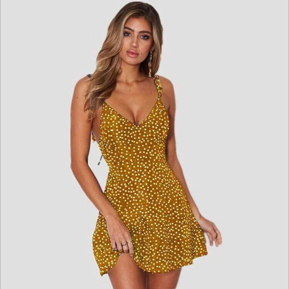 qgtao Summer Women Polka Dot Dress Sexy Backless Short Dresses Deep V Neck Ladies Spaghetti Strap Mini A-Line Sundress