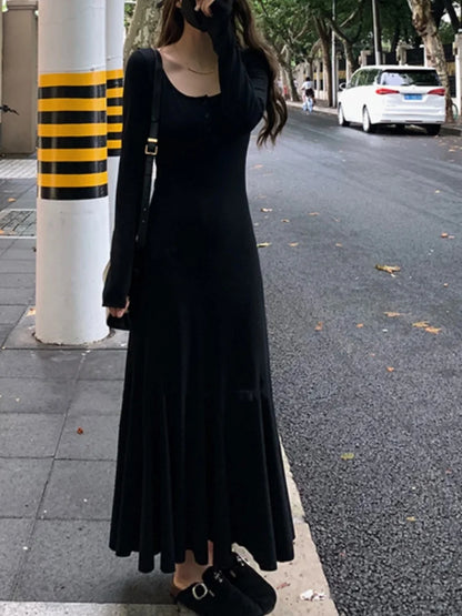 qgtao Black Long Dress Women Vintage Fishtail Dresses Female Party Fashion Long Sleeve Dress Ladies Elegant Casual Ruffle Robe