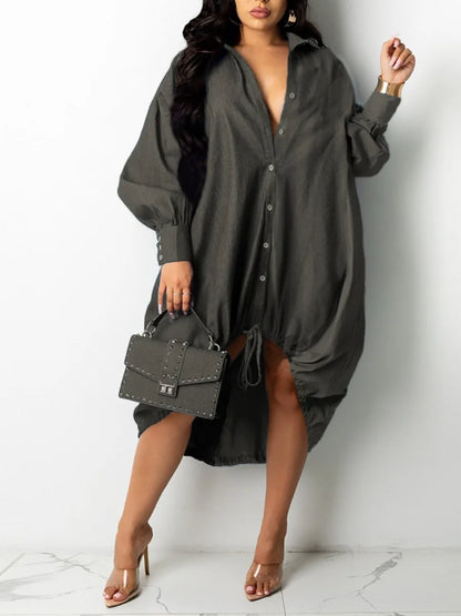 qgtao  Plus Size dresses Drawstring Patchwork Shirt Dress Fashion Drop Shoulder Long Sleeve Shirt Collar Women Streetwears vestido