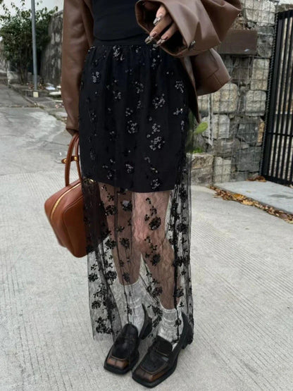 qgtao  See Through Long Skirt Women White Korean Fashion High Waist A-line Sequin Lace Patchwork Sexy Transparent Mesh Skirt