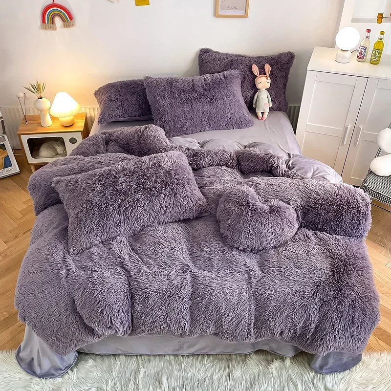 Yeknu Plush Bedding Set Soft Fluffy Faux Fur Duvet Cover Sheet Pillowcase Fuzzy warm Bedlinens