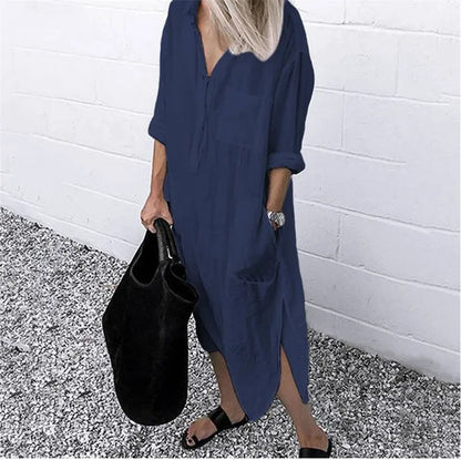 qgtao Plus Size Summer Women's Solid Color Split Dress Elegant Casual Button Pocket V-Neck Long Sleeve Lined Long Lined Dress 2024