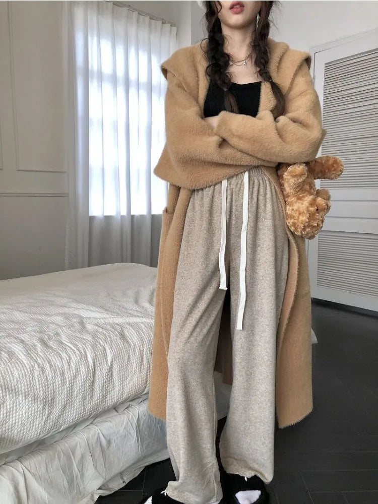 HOUZHOU Casual Korean Style Women Pants Baggy Elegant Pink High Waist Pleated Trousers Harajuku Cute Autumn Wide Home Pants Warm