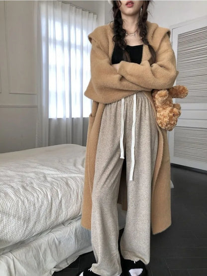 HOUZHOU Casual Korean Style Women Pants Baggy Elegant Pink High Waist Pleated Trousers Harajuku Cute Autumn Wide Home Pants Warm