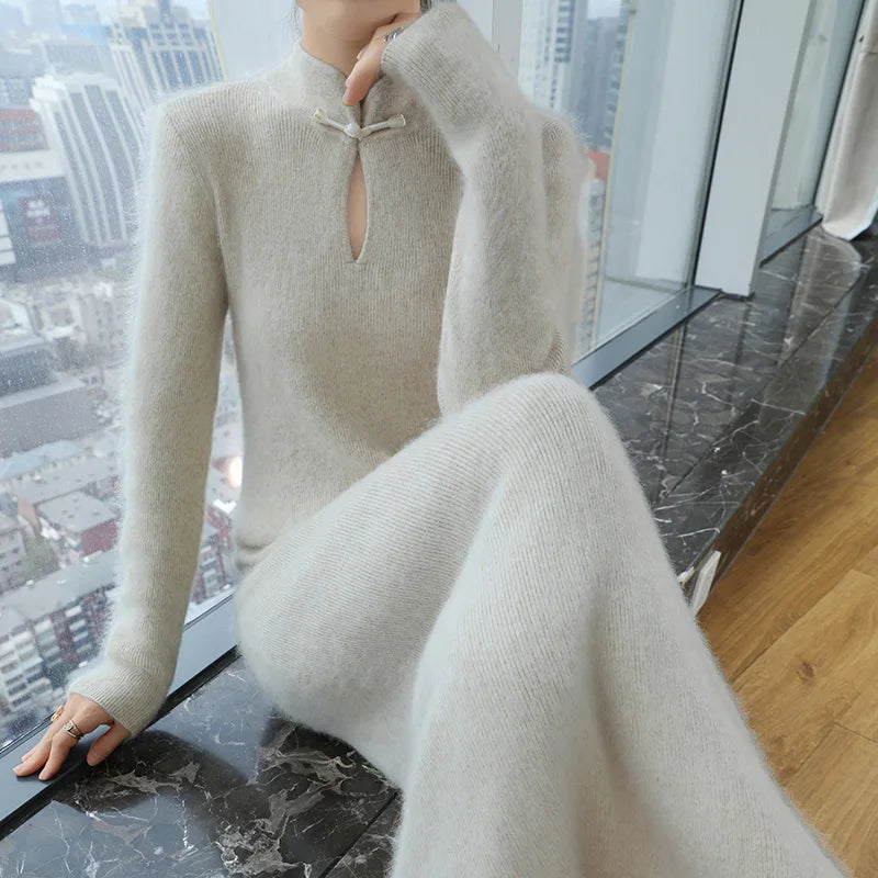 qgtao 100% Mink Cashmere Dress Women's Stand up collar Pullover Long Skirt Slim Fit Fashion Long Warm Dress Autumn Winter Solid Color
