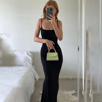 qgtao聽 2024 New Sexy Long Dresses Daily WearWomen Sleeveless Fish Tail Dress, Solid Color Spaghetti Strap Bodycon Long Skirt