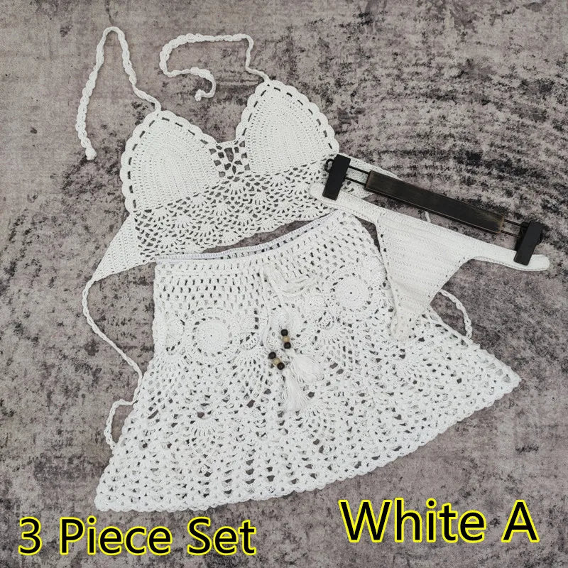 qgtao 2/3 Piece Set Hand Crochet Florens Bikini Women Sexy Beach Skirt Boho Style Elastic Waistband