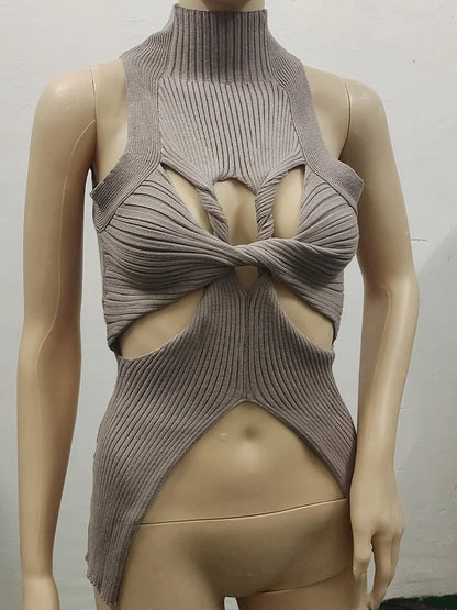 qgtao Sexy Crop Top Women T shirt Summer Cut Out Vest Round Collar Sleeveless Solid Knitting Tank Tops  Hollow Out Street wear