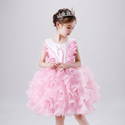 Princess Dress Red Black Swan Evening Dress+Crown Gril Dress Beaded Swan Dance Costume Short TuTu Dress Kids Tulle Summer Dress