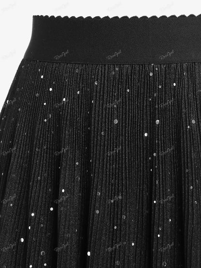 ROSEGAL Plus Size Sequins Pleated Skirt Women Black Fashion High Waisted Double-deck Skirts Ladies Streetwear Bottoms