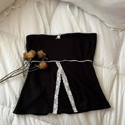 Maemukilabe Fairy Grunge Clothes Y2K Bow Knitted Crop Top Lace Trim Off Shoulder Short Sleeve T Shirt Women Kawaii Sweet Tees