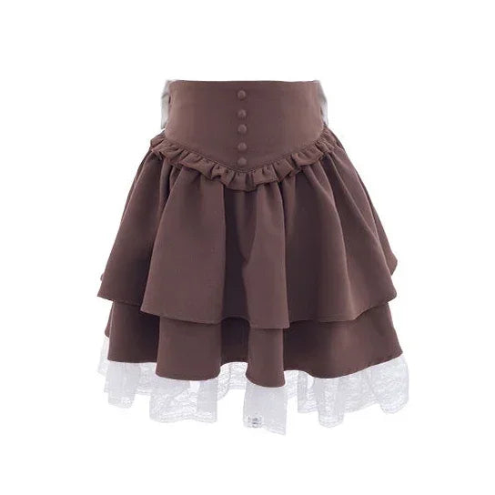 qgtao Kawaii Lolita Skirt Women Autumn Winter Vintage High Waist A-line Lace Patchwork Bow Japanese Fashion Brown Mini Skirt