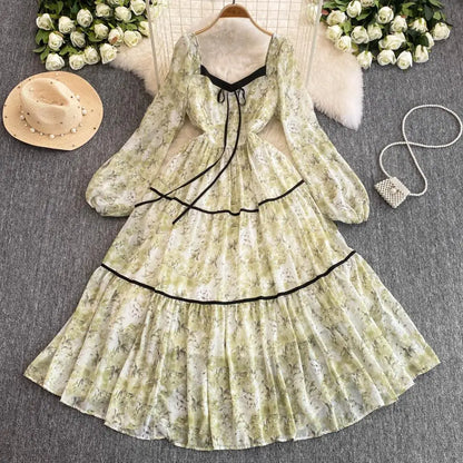 qgtao Elegant Floral Printed Midi Dresses for Women Lantern Sleeves Square Collar A-line Birthday Party Dress Autumn New Prom Robe