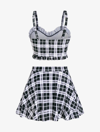 qgtao  Plus Size Padded Plaid Three Piece Swimwear Women Tankini Top,Briefs And Skirt Fashion High Waist Beachwear Bathing Suit