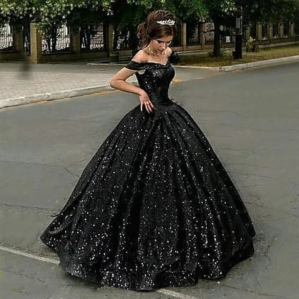 qgtao Sexy Dubai Sparkling Black Prom Dresses 2023 Party Pageant Ball Gown Evening Gowns Off the Shoulder Plus Size Women Formal Dress