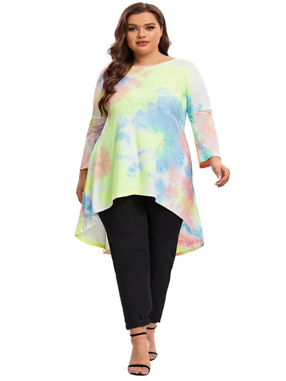 qgtao Plus Size Long Sleeve Elegant Tie Dye Tunic Tops Long Loose Autumn Hi Low Swing Blouse T-shirt Plus Size Clothing Women 6XL 7XL